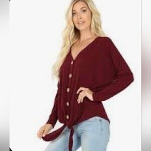 Burgundy Thermal Button-Up Tie-Front Top